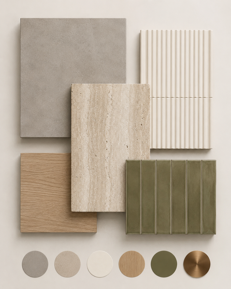 Moodboard bagno moderno con pietra greige, travertino, rovere, verde oliva e bronzo satinato