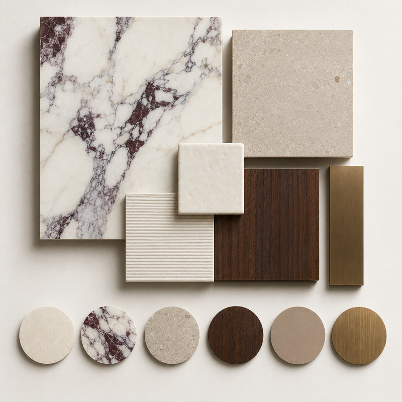 Bagno effetto marmo con Calacatta vinaccia, travertino, noce e bronzo satinato